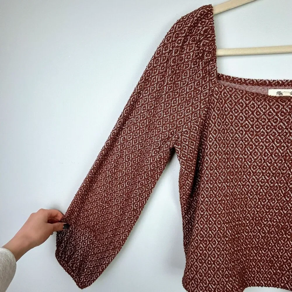 Madewell Jacquard Puff Sleeve Crop Top Square Neck Blouse Dark Merlot Rust sz XS